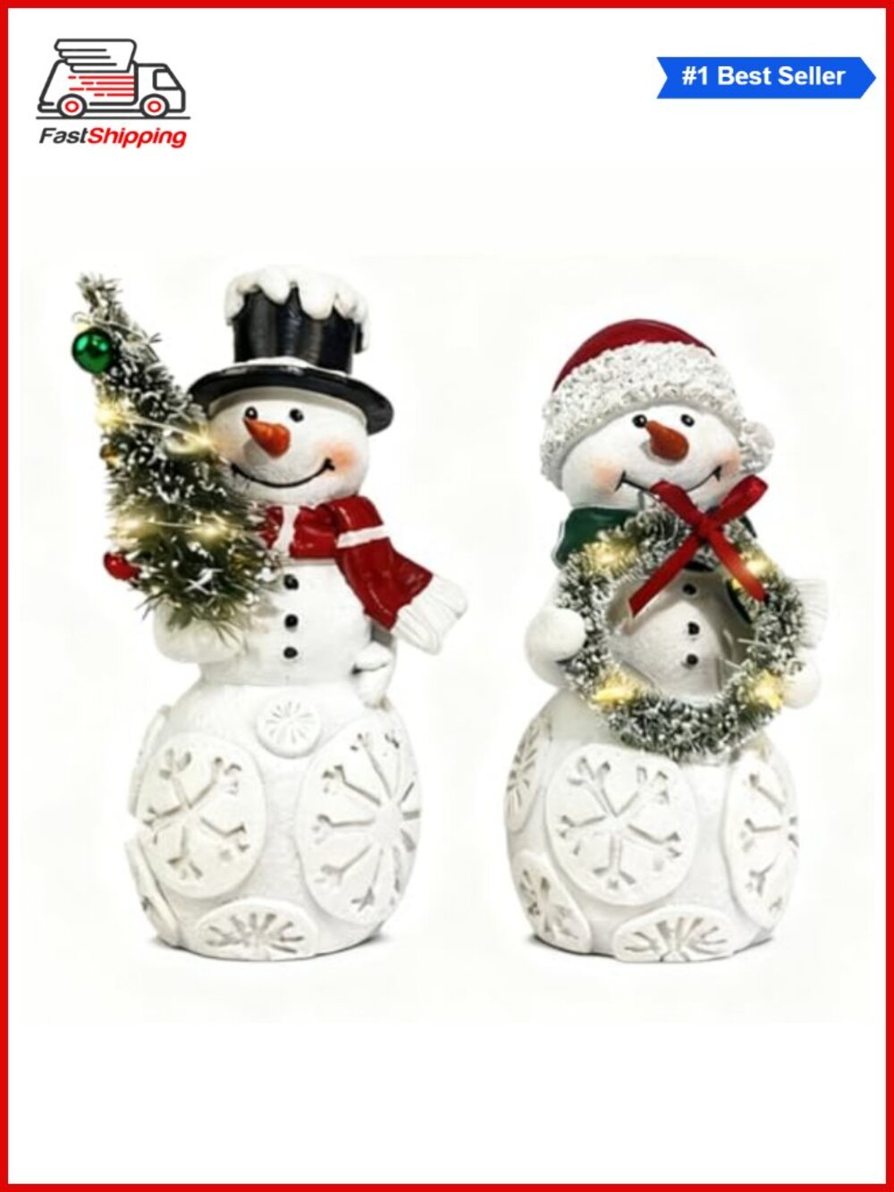 🎅 Light Up Snowman Figurines Set of 2 LED Christmas Tabletop Decor Resin